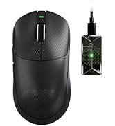 Multiple views of a black wireless gaming mouse shown from different angles, featuring a minimalist design with RGB lighting elements and multiple buttons.