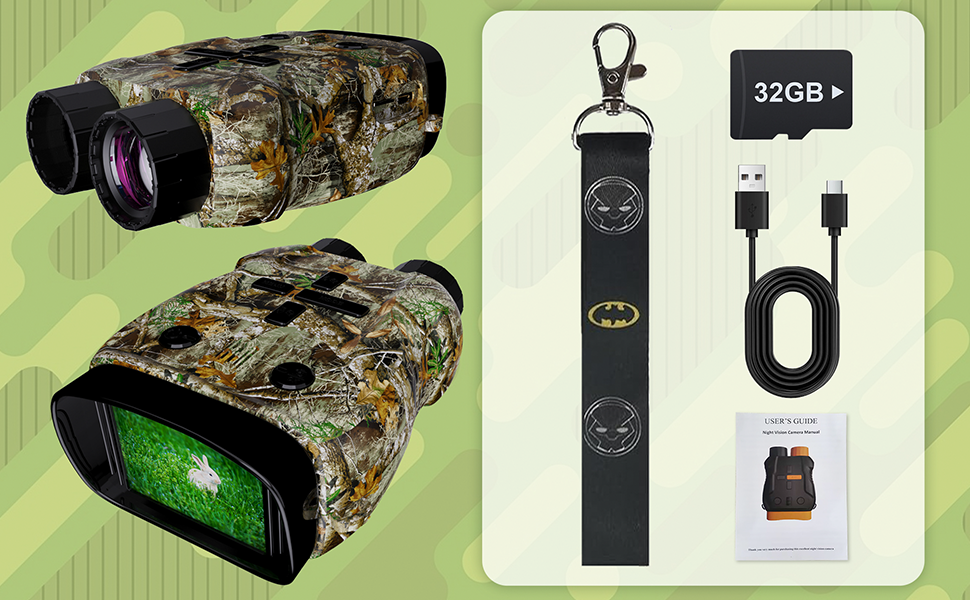 Camouflage-patterned night vision binoculars with green display. Includes accessories: Batman-logo lanyard, 32GB memory card, USB cable, and instruction manual.