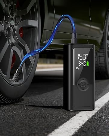 Digital tire inflator with LCD display showing pressure readings. Multiple views of black compact device with various vehicle tire inflation attachments.