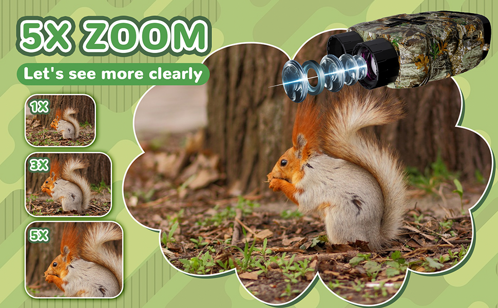 Camouflage-patterned binoculars for children, shown with hikers in a forest. Text promotes as 'Ideal Gift' to improve children's observational skills.