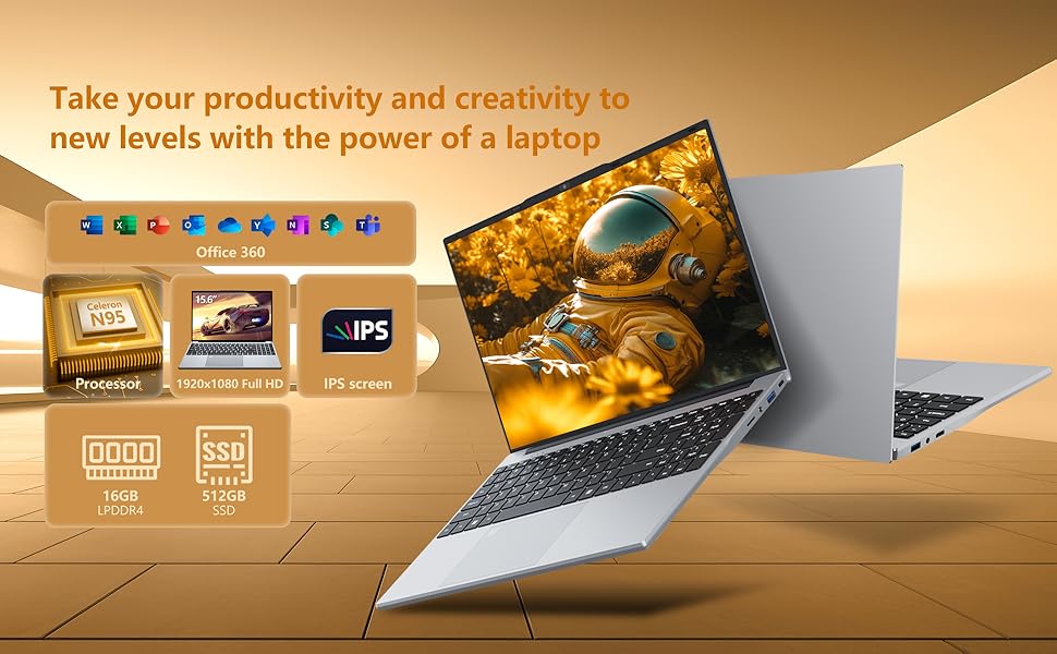 Text reads 'Take your productivity and creativity to new levels with the power of a laptop.' Marketing image showing laptop with golden background and interface icons.