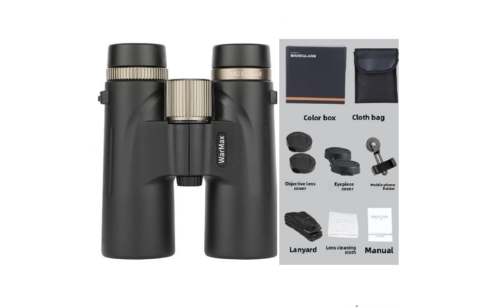 Multiple views of black professional binoculars with manual and accessories. Product shown from different angles displaying optical device with dual eyepieces and protective casing.