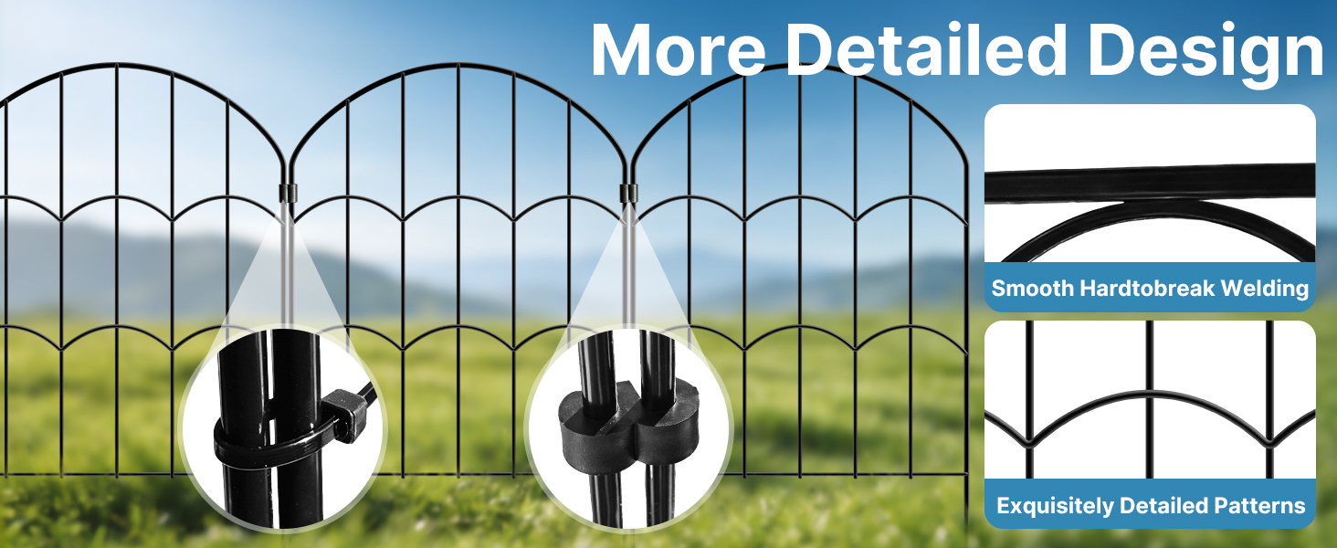 Text reads 'Image 4', 'More Detailed Design'. Decorative metal fence designs shown in silhouette against landscape background with ornate arch patterns.