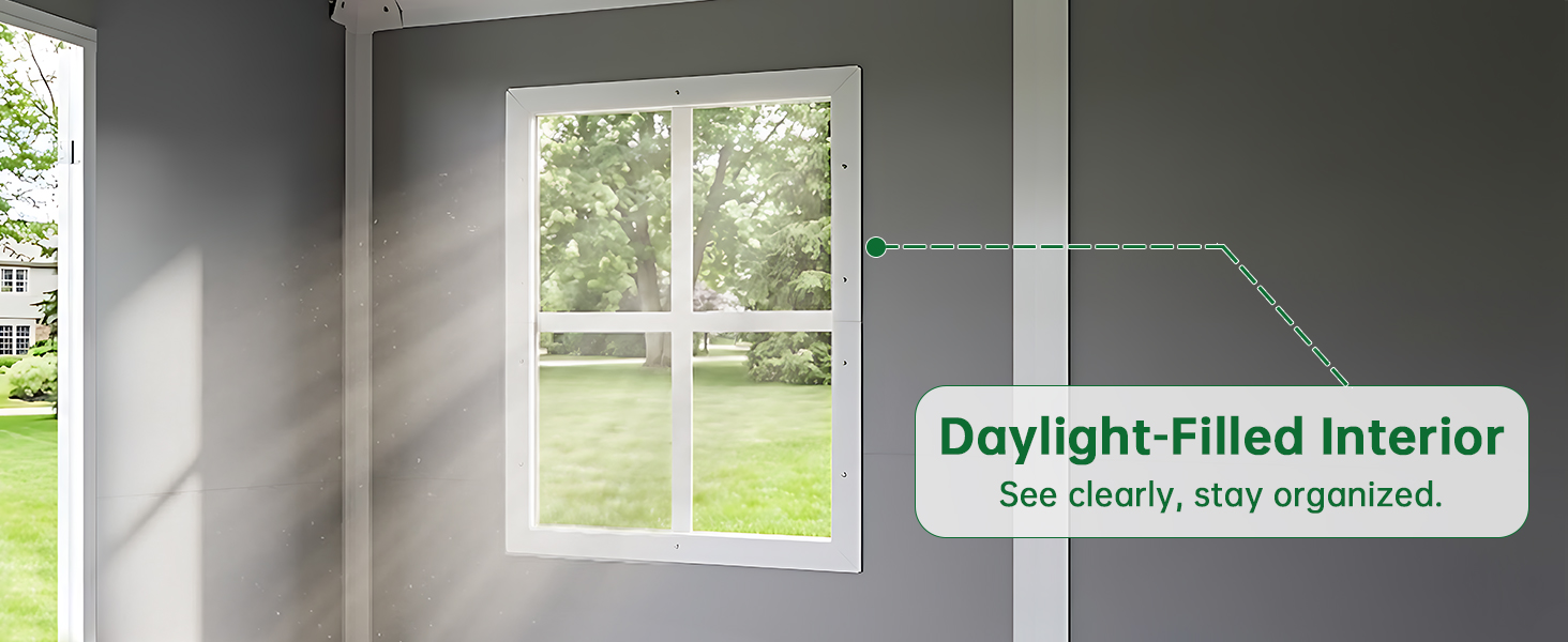 Text reads 'Daylight-Filled Interior' and 'See clearly, stay organized'. Interior room view with large window showing bright natural lighting and garden view.