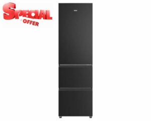 Haier Series 3 HTR3518ENMTK - 55cm - 303 Litre Capacity - 60/40 Split - 3 Door - Frost Free - Black Freestanding Fridge Freezer - H 185 x W 54.5 x D 62.2 cm           [Energy Class E]