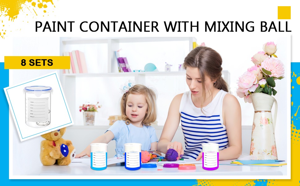 Text reads: 'PAINT CONTAINER WITH MIXING BALL' and '8 SETS'. Educational or craft activity setup showing paint containers and supplies on white surface.