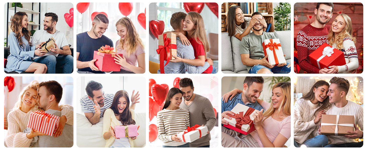 Collection of lifestyle photographs showing romantic couples in various casual settings, featuring Valentine's Day themed moments and activities.