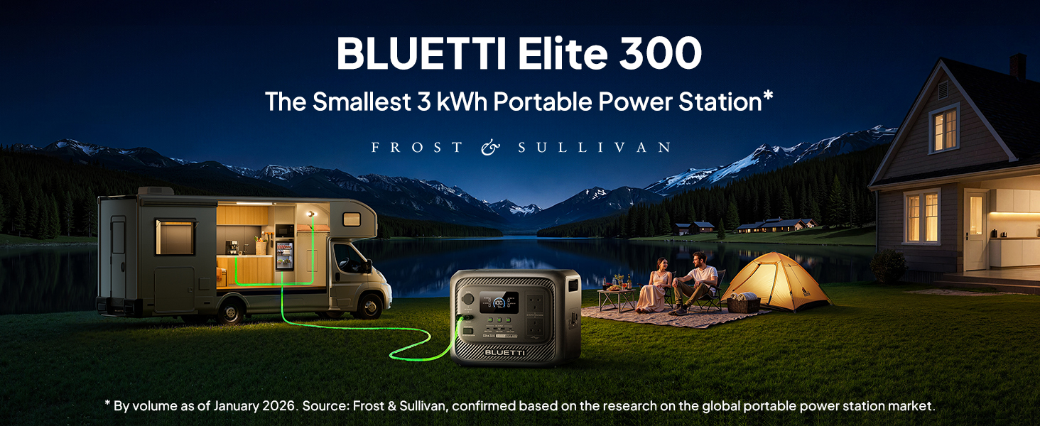Text reads 'BLUETTI Elite 300' and 'The Smallest 3 kWh Portable Power Station*'. Marketing images showing portable power station in outdoor camping and home settings.