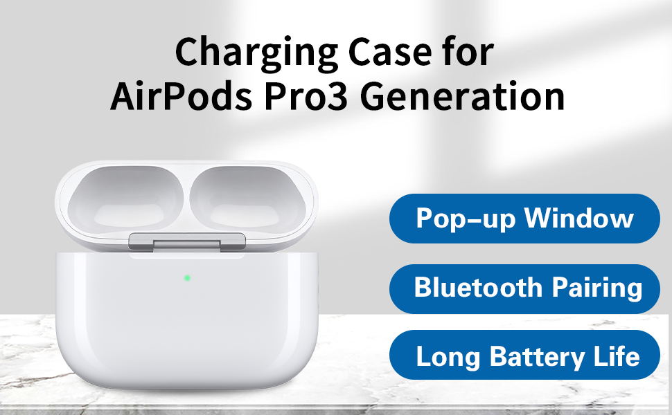 Text reads 'Charging Case for AirPods Pro3 Generation', 'Pop-up Window', 'Bluetooth Pairing', 'Long Battery Life'. White charging case product illustration.