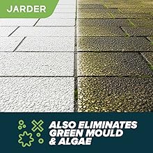 Text reads 'JARDIER'. Multiple images showing before and after results of pressure washing on brick paving stones and concrete surfaces.