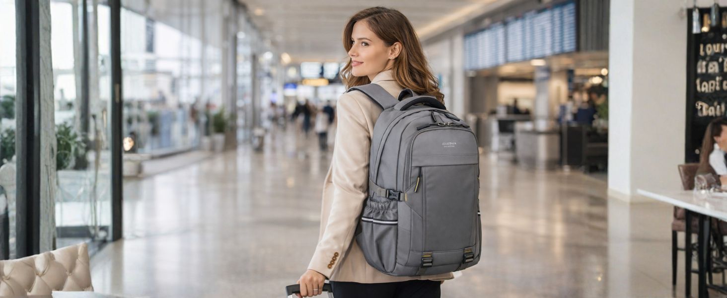 Person wearing gray backpack walking through a spacious, well-lit indoor area with large windows, demonstrating mobility of the product.