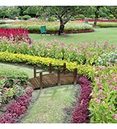Decorative metal garden bridge with arched railings spanning a small stream, surrounded by rocks and flowering plants in a landscaped garden.