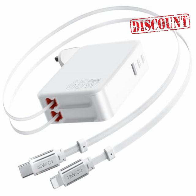 Aimtel 5 in1 Retractable Phone Charger 65W USB C Charger Retractable Cable & 3 Port PD Power Adapter with GaN Fast Wall Charger Plug UK for MacBook