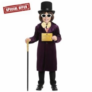 Kids Factory Boss Costume Complete Set with Brown Wig Black Top Hat Gold Cane Golden Ticket White Glasses Fancy Dress Outfit for Children World Book Day Halloween Cosplay