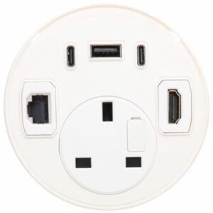 Desk Grommet Power Smart USB A & USB-C 45W PD HDMI 2.0 RJ45 2.5m White