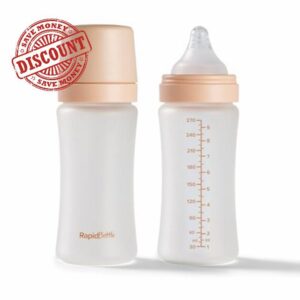 Nuby Pack of 2 RapidBottle Anti-Colic Glass Feeding Bottles - Silicone Coated Glass Bottles with Breast-Like Teat | Quick Feed | No Microplastics | Fast Sterilising | 9oz (Beige)