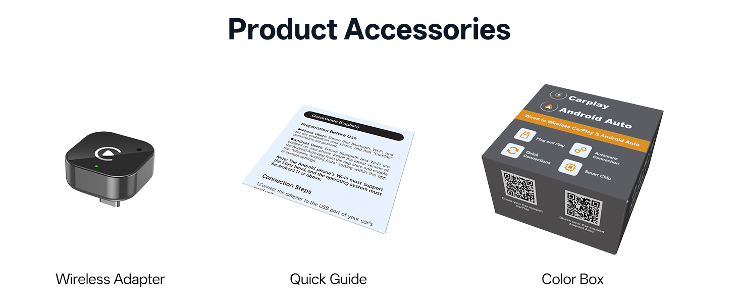 Text reads 'Product Accessories'. Collection of product packaging items including boxes, adapters, and user guides shown in grid layout.