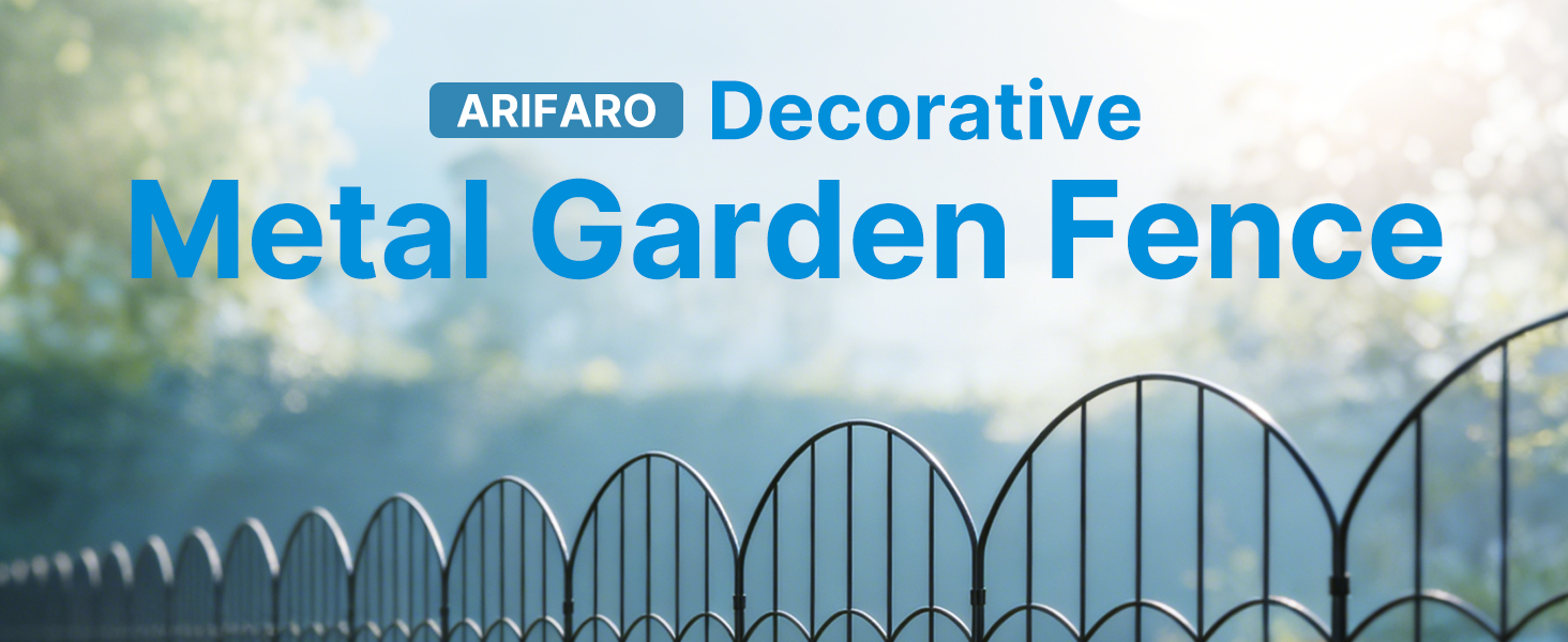 Text reads 'ARIFARO Decorative Metal Garden Fence'. Ornamental metal fencing displayed in outdoor setting with pointed tops and decorative pattern.