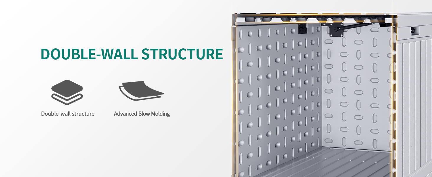 Text reads 'DOUBLE-WALL STRUCTURE'. Technical diagram showing layered wall construction, alongside image of textured wall panel installation.