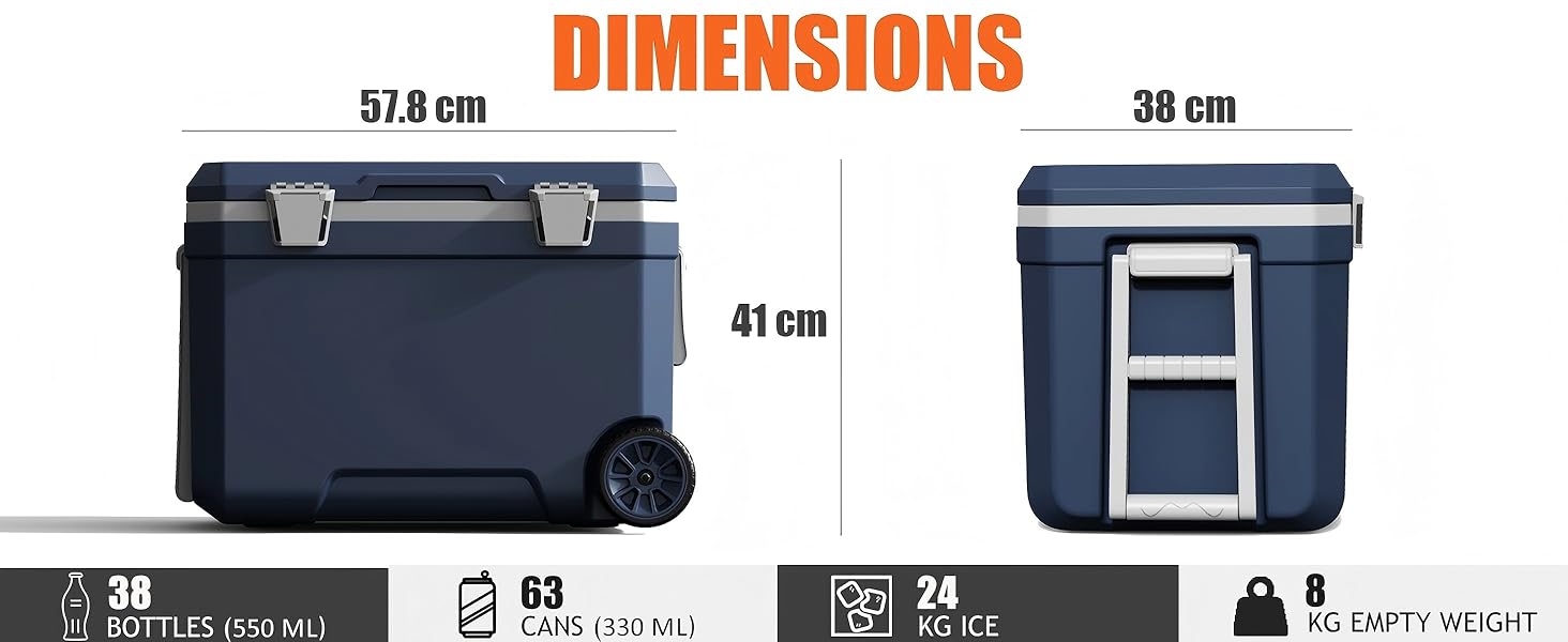 Text reads 'DIMENSIONS' showing measurements: '57.8 cm', '41 cm', '38 cm'. Multiple views of blue container with dimension indicators and specification icons.