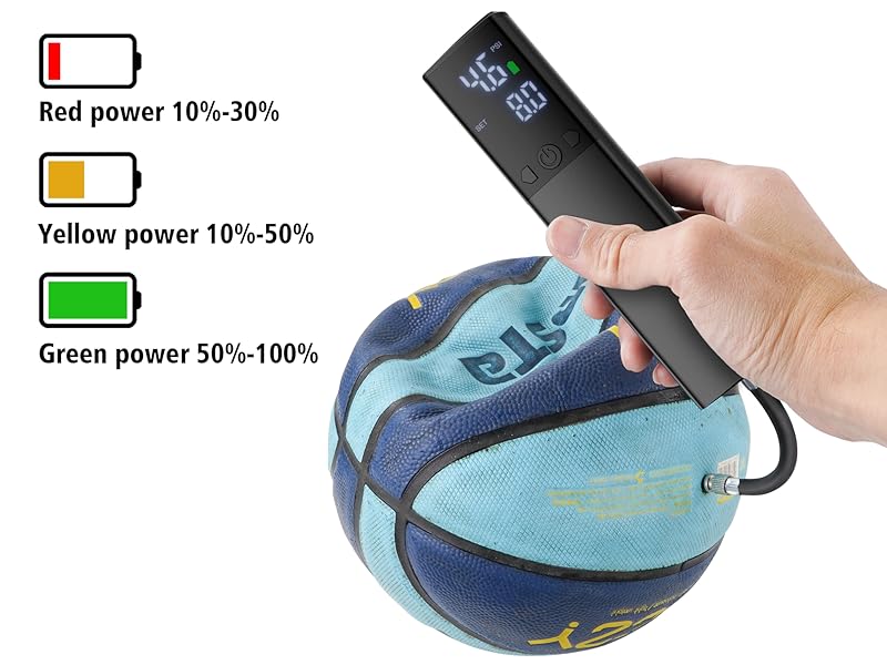 Battery indicator diagram showing three power levels: Yellow power 10%-50%, Red power 0%-10%, Green power 50%-100%. Includes device charging demonstration images.