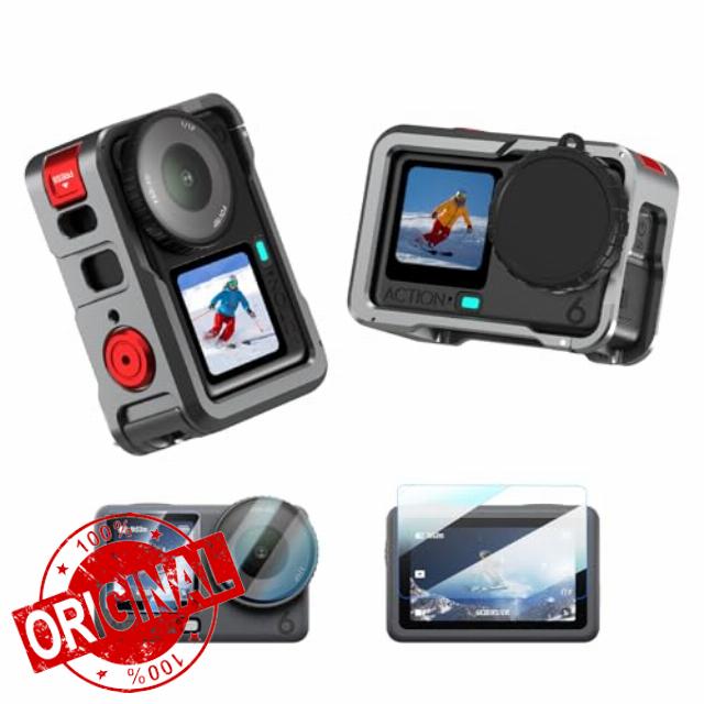 BRDRC Action 6 Camera Cage + Screen Protector Accessories Kit Aluminum Alloy Protective Frame Cage with Silicone Lens Cap Tempered Glass Lens Film for DJI Osmo Action 6 Protection Pack
