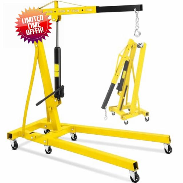 Garvee 2 Tonne Folding Engine Crane Hoist | Heavy Duty 2000kg Hydraulic Workshop Lift with 6 Swivel Wheels | 4-Position Adjustable Boom for Garage
