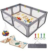 COSTWAY Baby Playpen, Toddler Mesh Play Pen with Mat, Pull Rings, Basketball Hoop, Football Nets,...