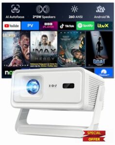 【AI Auto Focus & 2×5W Stereo Sound】Xgody Mini Projector with Android 14