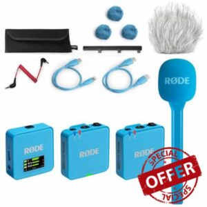 Rode Wireless GO Gen 3 Wireless 2-Channel Microphone Radio System Blue with Interview GO Hand Adapter Blue and Keepdrum Fur Wind Protectio