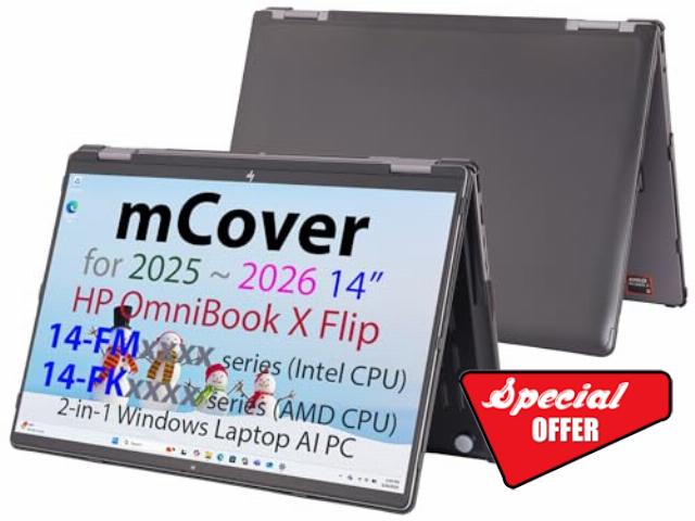 mCover Hard Case ONLY Compatible for 2025+ 14" HP OmniBook X Flip 14-FMxxxx 14-FKxxxx 2-in-1 (with 360° Hinge) Windows Laptop (NOT Fitting Any Other HP Models)- Black