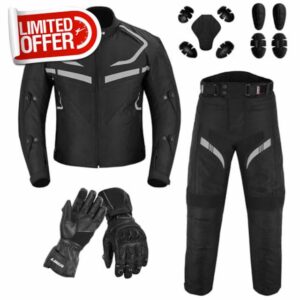 Mens Motorbike 2 Piece Suit Cordura Motorbike Jacket and Trousers CE armoured Waterproof protective Gear with leather Gloves all season sui