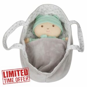 Wilberry - Baby Doll in Mint Green Outfit with Plush Basket & Blanket - Soft Cloth Plush Doll - Suitable from Birth - 270mm