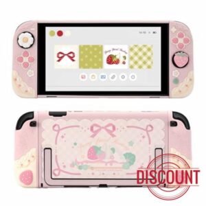 GeekShare Soft Silicone Protective Case Compatible with Switch 2 Anti-Scratch Cover Case Compatible with Switch 2 Separable Protective Shell with 2 Thumb Grip Caps - Strawberries with Cream（Pink）