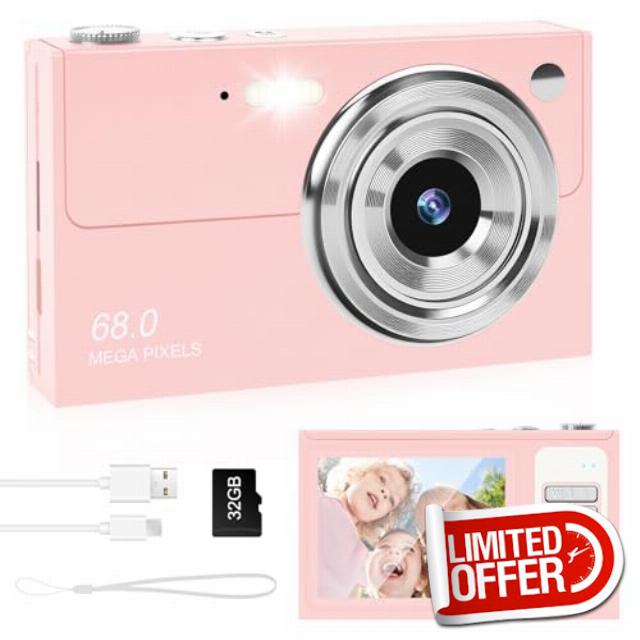 Digital Camera 4K - 48MP UHD Autofocus with 2.83" LCD Screen 18X Digital Zoom Anti-Shake Photography Vlog Portable Compact Camera with 32gb SD Card for Kids Students Beginners Teens (Light pink)