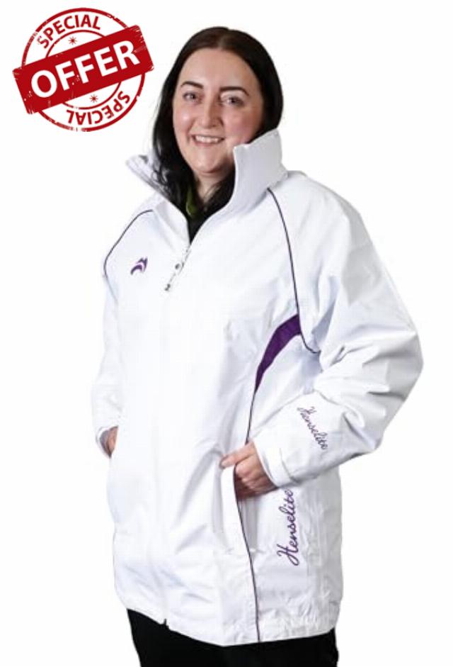 Henselite Ladies Waterproof Lawn Bowling Jacket in White & Purple.