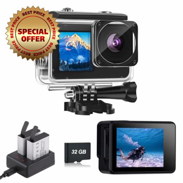 Action Camera with 32GB Memory Card Waterproof Cameras 4*Zoom Dual Screen 131FT Waterproof Underwater Camera with 2X Batteries and Multifunctional Accessories Action Cam(Black)
