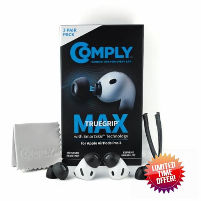 Comply TrueGrip MAX | Premium Memory Foam Replacement Earplugs for Apple AirPods Pro (3 Generation) | SmartSkin Technology | Excellent Noise Isolation | Black