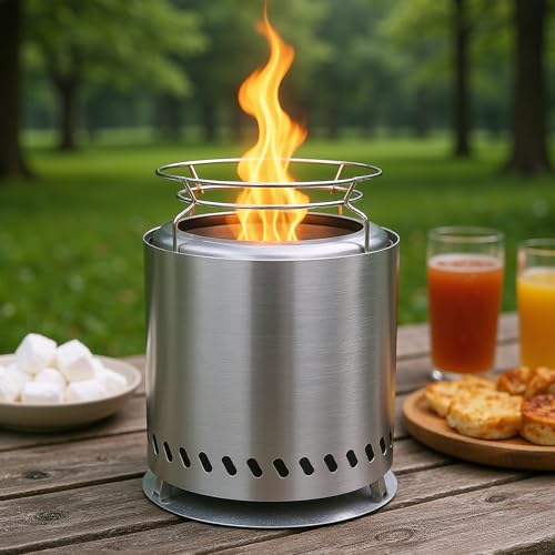 Stainless Steel Smokeless Portable Stove for Camping Outdoor & Patio Wood or Pellet Fueled with Carrying Bag & two Mini Sticks (7Inches)