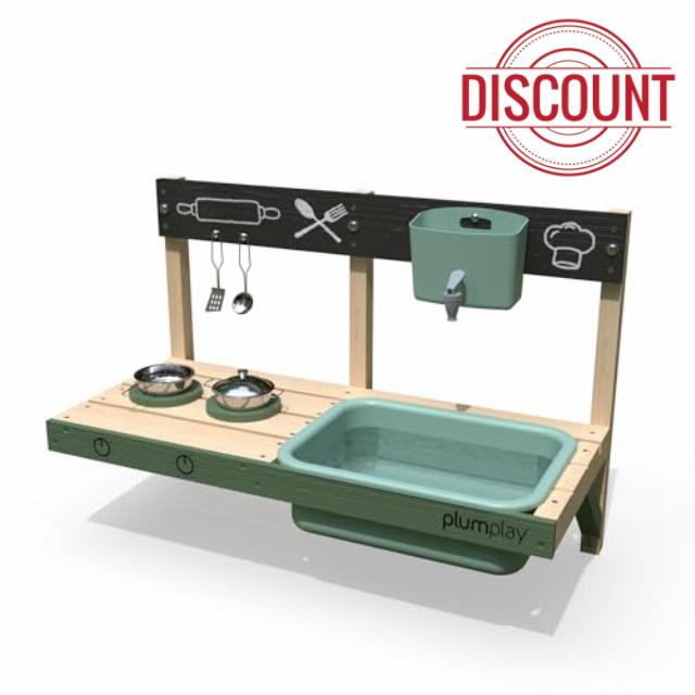Plum Play Splash and Mash Discovery Mud Kitchen with Water Tap and Sink- Cooking Utensils - Hob and Pan - Outdoor Garden Roleplay Kitchen to attach to Playhouses
