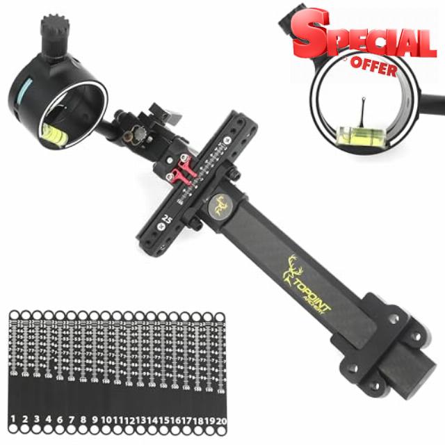 Single Pin Bow Sight for Compound Bow 0.019" Fiber 4X 6X 8X Lens Carbon Fiber Long Bar Micro Adjustable Sight Right-hand