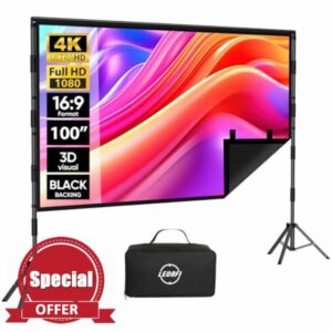 Outdoor Projector Screen with Stand - LEORFI 100 inch Black Backing Projection Screen - Upgraded Movie Screen 16:9 4K HD - Wrinkle-Free Lightweight Movie Screen with Carry Bag for Backyard Nigh