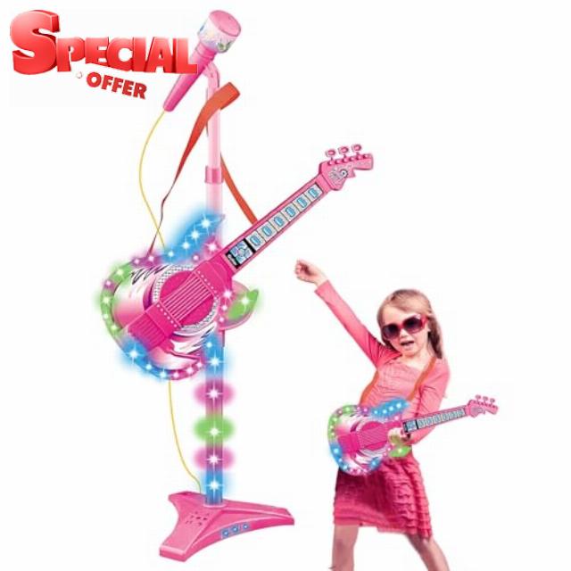 Guitar and Microphone Set for Kids - Kids Guitar Toy | Musical Instruments for Boys and Girls | Pink Electronic Rock Play Set