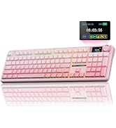 Gaming keyboard with RGB backlit mechanical keys, featuring a full-size layout with numpad and what appears to be custom keycaps.