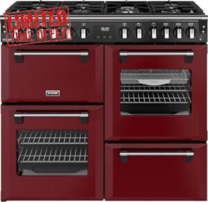 Stoves Richmond Deluxe 100DF 100cm wide Dual Fuel Range Cooker with Gas Hob - Garnet Red - A Rated           [Energy Class A]