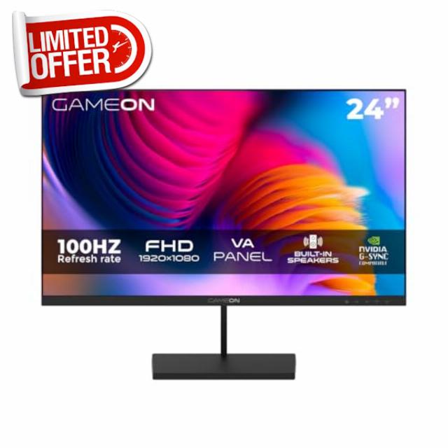 GAMEON 24" FHD Gaming Monitor | 24 Inch 1920×1080 VA Display |100Hz Refresh Rate | 5ms | Eye Care Technology with Low Blue Light & Flicker-Free | HDMI & VGA Connectivity | Built-In Speakers – Black