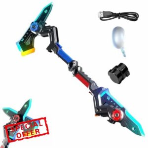 2pcs 2-in-1 Deformable Mechanical Sword Axe with Colorful LED & Spray Mist Sound Effects Transformable Light Up Axe Sword Toy Creative Cosplay Prop for Boys (Blue and Red)