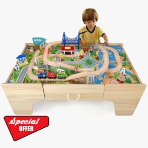 Hooga 80Pcs Kids Wooden Train Play Table Set