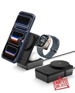 Spigen Essential Qi2.2 25W 3-in-1 MagSafe Wireless Charging Station Charger Stand [Incl. 2m USB-C Cable] for iPhone 17/16/15 Pro Max 17e