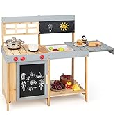 COSTWAY Mud Kitchen, Wooden Kids Play Kitchen with Stoves, Sink, Faucet, Grill Rack, Chalkboard, ...